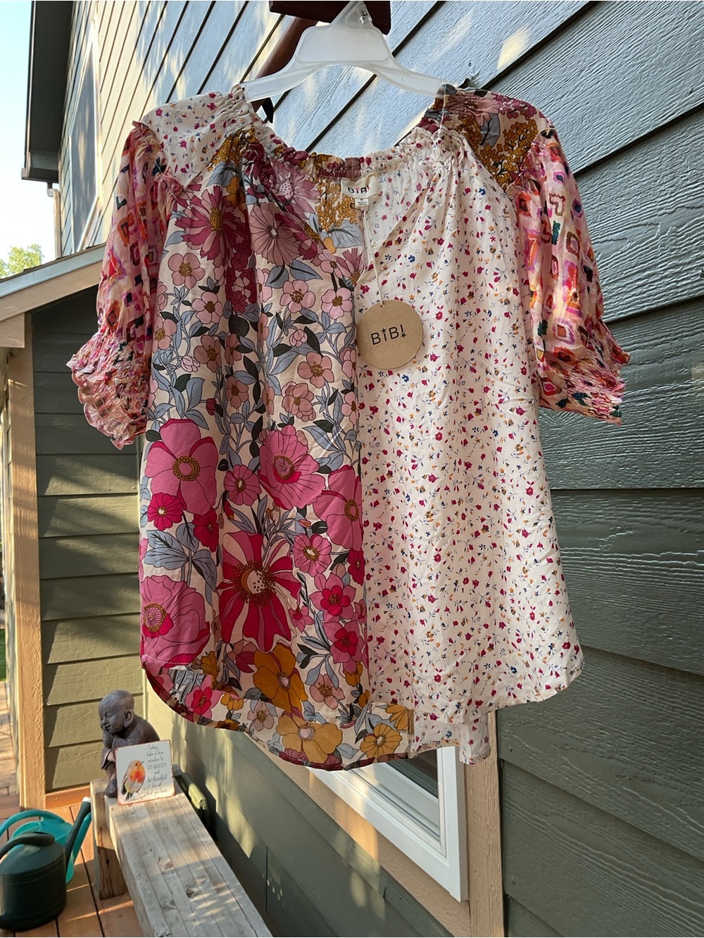 BiBi Pink & White Floral Patchwork Boho Blouse
